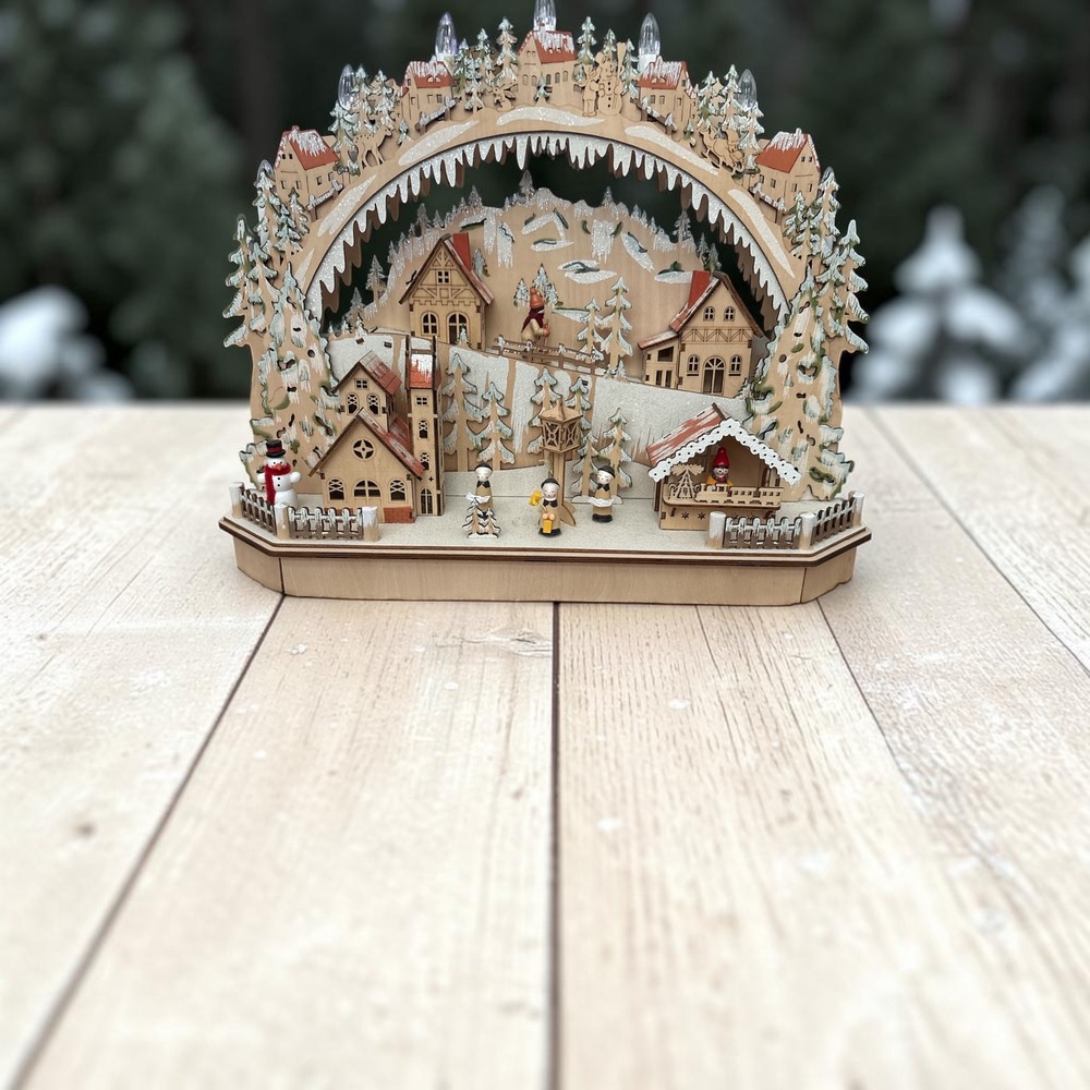 Kurt Adler Wooden LED Lighted Winter Village Scene Christmas Decor J8413